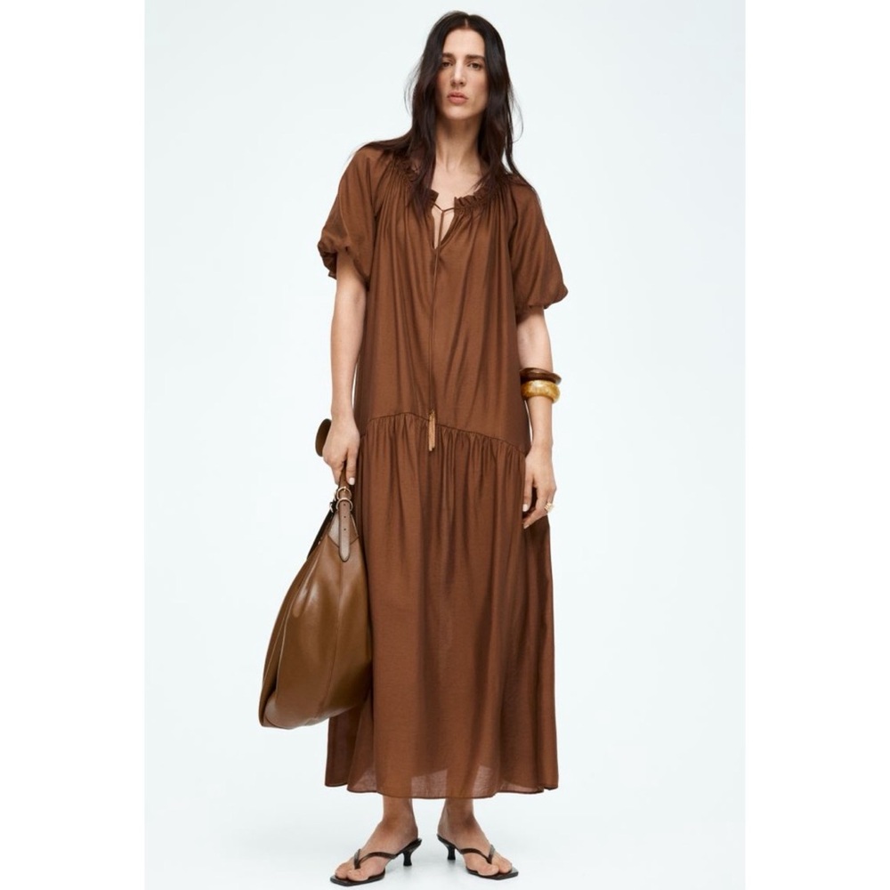 H&M S/S 2025 Drawstring Puff Sleeve Summer Maxi Midaxi Dress Brown Sold Out